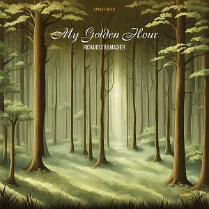 Pre Made Album Cover Yellow Metal Sunlit forest with tall, slender trees and a lush, green forest floor. Light filters through the canopy, creating a serene and tranquil atmosphere.