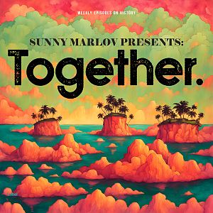 Pre Made Album Cover Laser Vibrant, surreal landscape with floating islands, palm trees, and colorful clouds at sunset.