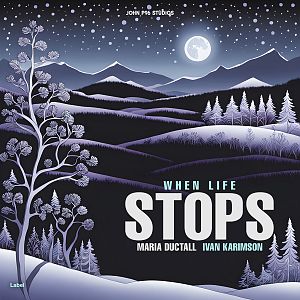 Pre Made Album Cover Charade A serene winter night scene with a full moon, snow-covered trees, rolling snowy hills, and distant mountains under a starry sky.