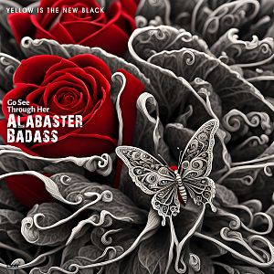Pre Made Album Cover Cocoa Brown Vibrant red roses and an intricately designed butterfly amidst monochromatic, swirling leaves.