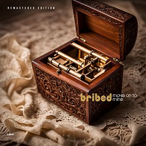 Pre Made Album Cover Metallic Bronze An intricately carved wooden box with an open lid revealing metallic components inside, placed on a lace cloth.