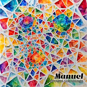 Pre Made Album Cover Mist Gray A vibrant, abstract mosaic with interconnected geometric patterns in various hues, featuring concentric circles in a kaleidoscope of colors.