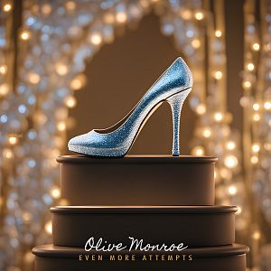 Pre Made Album Cover Tobacco Brown A glittering blue high heel sits on a multi-tiered pedestal with a backdrop of soft, glowing lights.