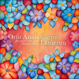 Pre Made Album Cover Japonica A vibrant border of multicolored flowers and petals surrounding a warm gradient background.