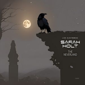 Pre Made Album Cover Flint A solitary raven perches on a cliff edge under a full moon, with a silhouette of a twisted tree and distant obelisk in the background. Dark atmosphere.