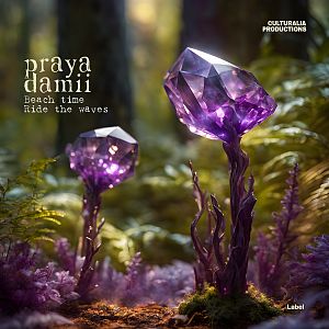 Pre Made Album Cover Mondo Two glowing purple crystals grow from the forest floor, surrounded by lush greenery and soft sunlight.
