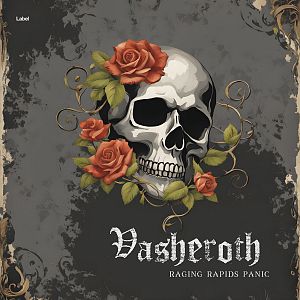 Pre Made Album Cover Fuscous Gray A skull adorned with red roses and green leaves against a dark, grungy background with ornate corners.