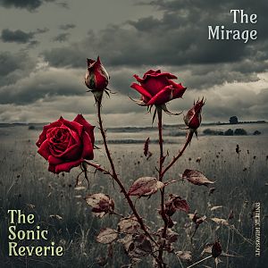 Pre Made Album Cover Fuscous Gray Three red roses stand tall in a foggy, desolate field under a cloudy, overcast sky.