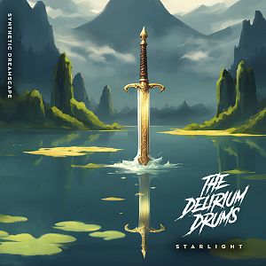 Pre Made Album Cover Mineral Green A golden sword is partially submerged in a calm lake, surrounded by lush, mountainous terrain.