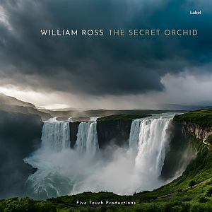 Pre Made Album Cover Outer Space A breathtaking view of powerful waterfalls cascading down cliffs under a dramatic, stormy sky with lush greenery all around.