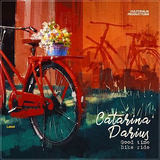 Pre Made Album Cover Outer Space a painting of a bicycle with a basket of flowers